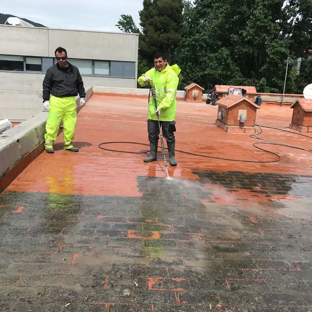 Neteges L'Albera hombres lavando piso